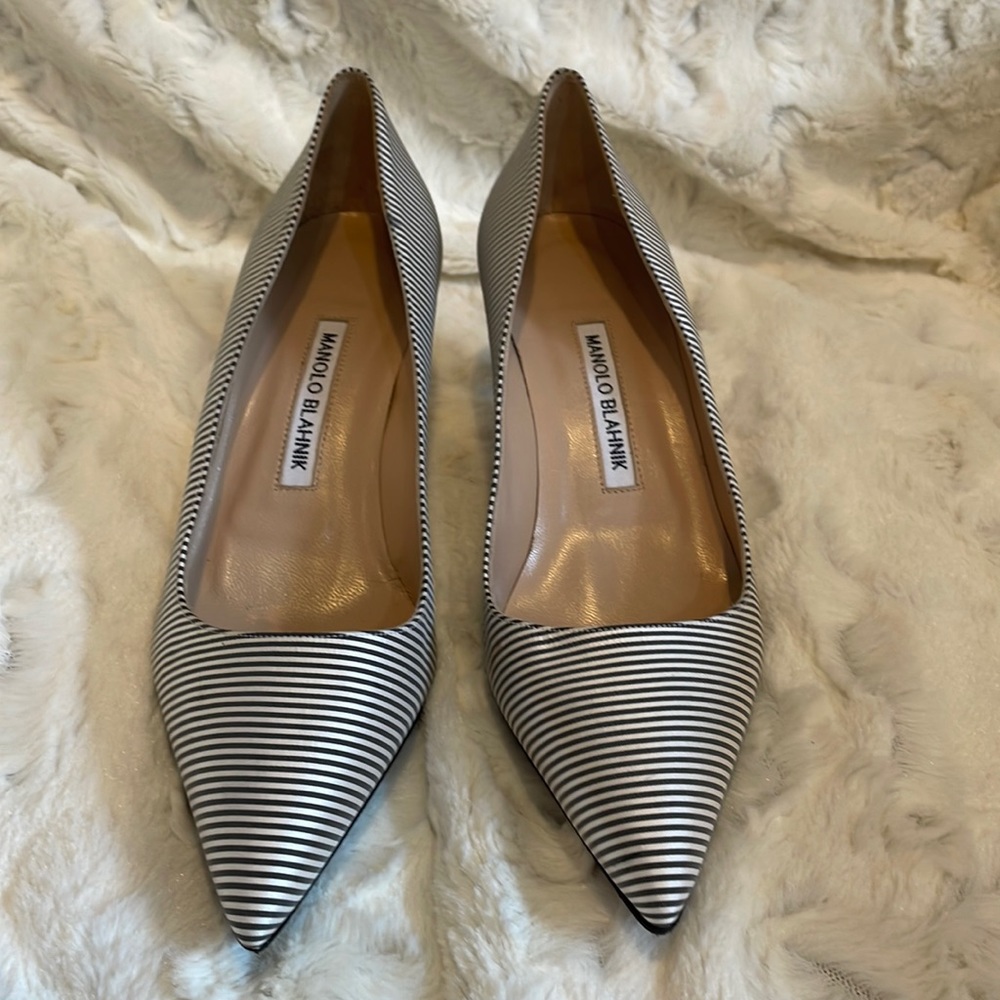 Manolo Blahnik size 38 Dark Grey and White Striped Fabric Heels. Re-soled.